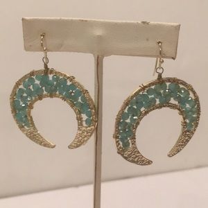 Crescent crystal beaded aqua gold  earrings